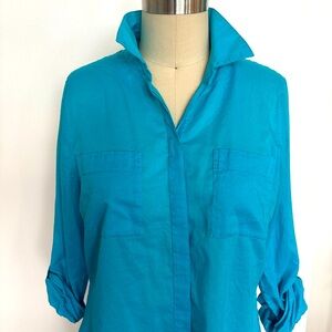 Chico’s Turquoise Cotton Long Sleeve Button Down Tunic- Roll Tab Sleeves, Medium